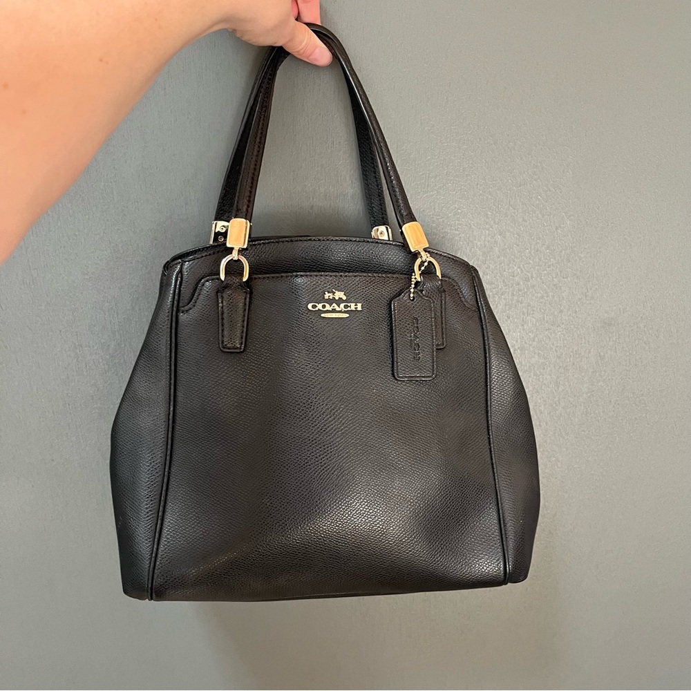 Coach Black Pebble Leather Handbag Gold Vintage Classic Double Top Handle